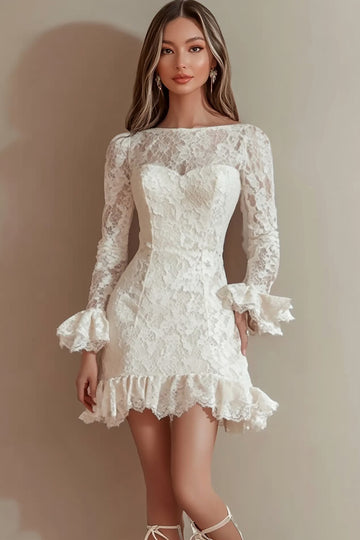 Ivory Lace Ruffle Graduation Dress with Long Sleeves